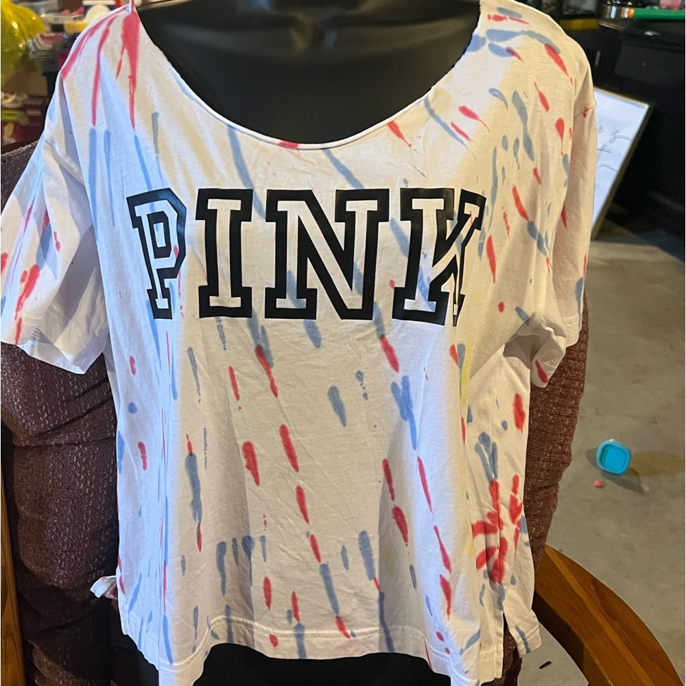 PINK Victoria Secret Red, White and Blue Tie-Dye T-Shirt